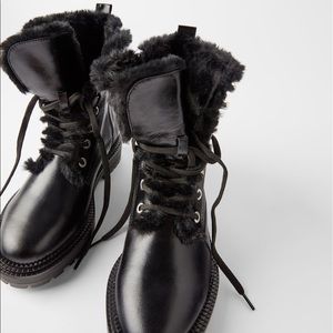 Zara FLAT LEATHER BIKER ANKLE LACE-UP BOOTS W/ FUR